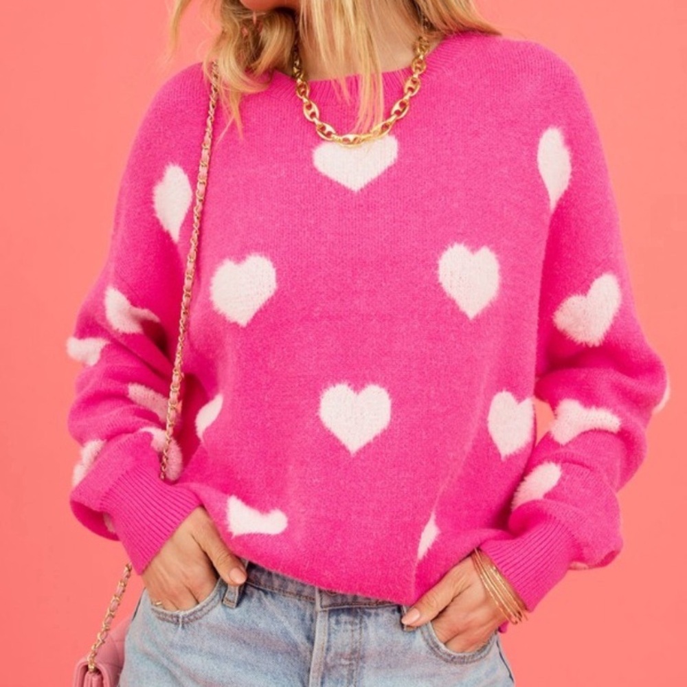 A Girl Thing Hot Pink Heart Print Sweater with White Hearts